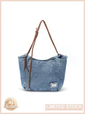 Denim Tote Bag Woven Knotted Shoulder Straps Crossbody